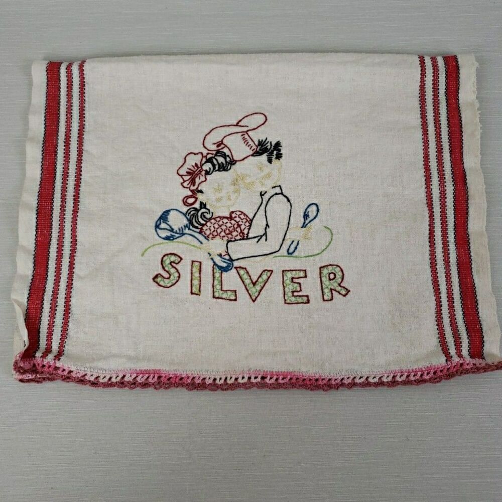 Embroidered Tea Towel Crochet Edge Kitchen Linen MCM Vintage